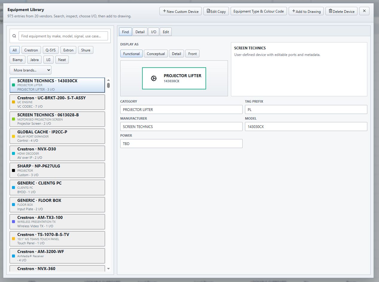 Shared equipment and cable libraries with import export options